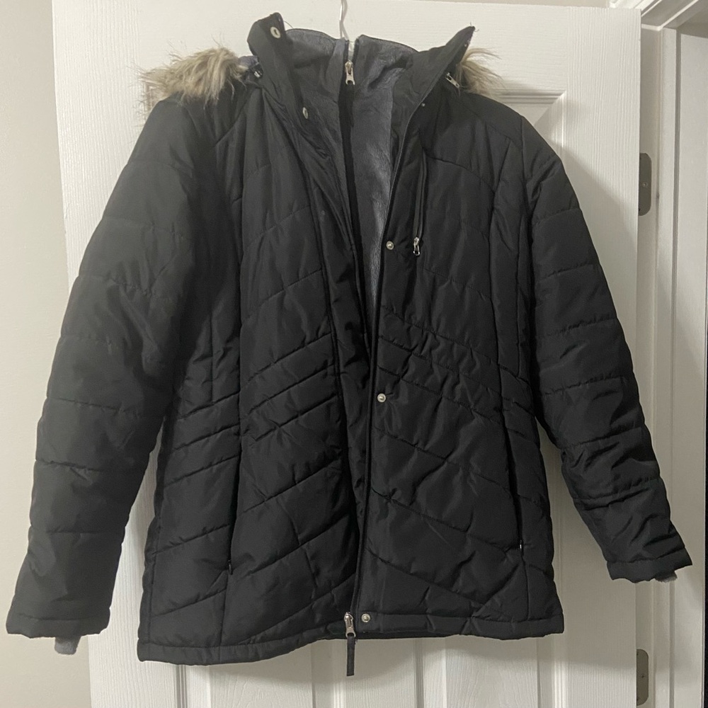 Free Country Black Quilted Jacket with Faux Fur Hood